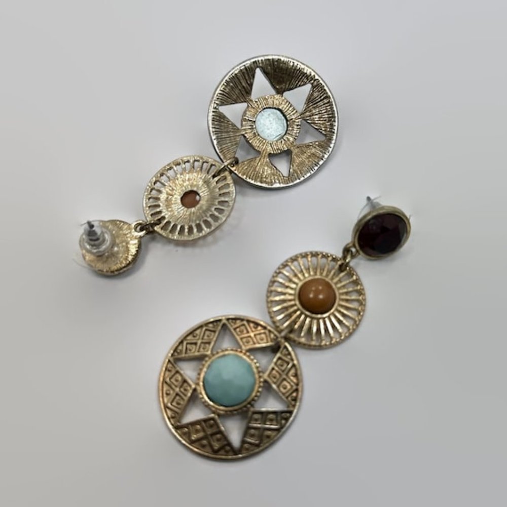 Boho Earrings, Antiqued Gold Tone, Southwestern, 2 1/2" Long, Unique - Picture 3 of 3